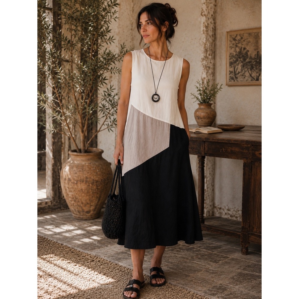 For Cynthia Linen Blend Colorblock Midi Dress Small Lagenlook Minimalist